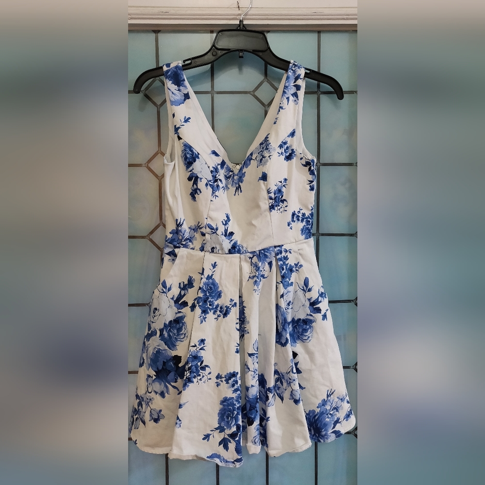 White mini dress with blue florals